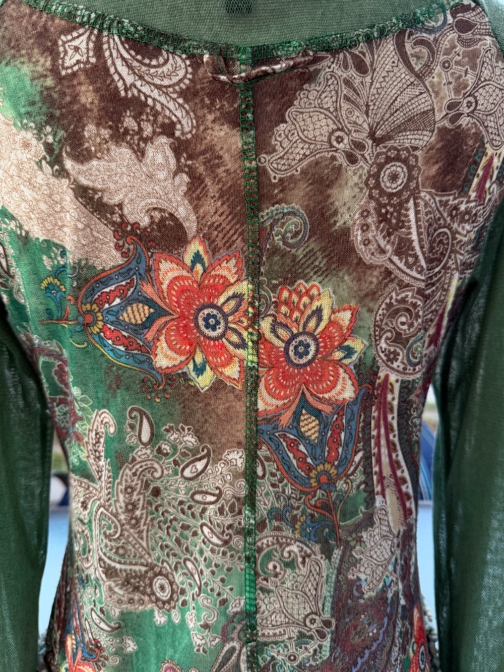Kaktus Y2K Green & Blue Paisley Floral Printed Mesh Zip Front Top ~ Women’s M/L - Picture 6 of 10